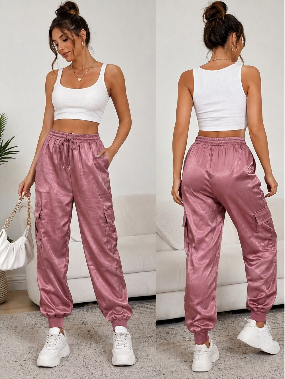 BaeVely NWT Satin Cargo Jogger Pants SMALL & Large Mauve Pink Utility Y2K